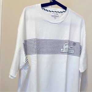 Lacoste White Tee with Navy Grid Stripe and Croc Patch